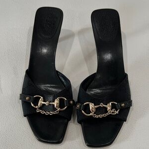 Gucci Elegant Black Women's  Kitten Sandal Mules with Gold Chain Detail 9.5